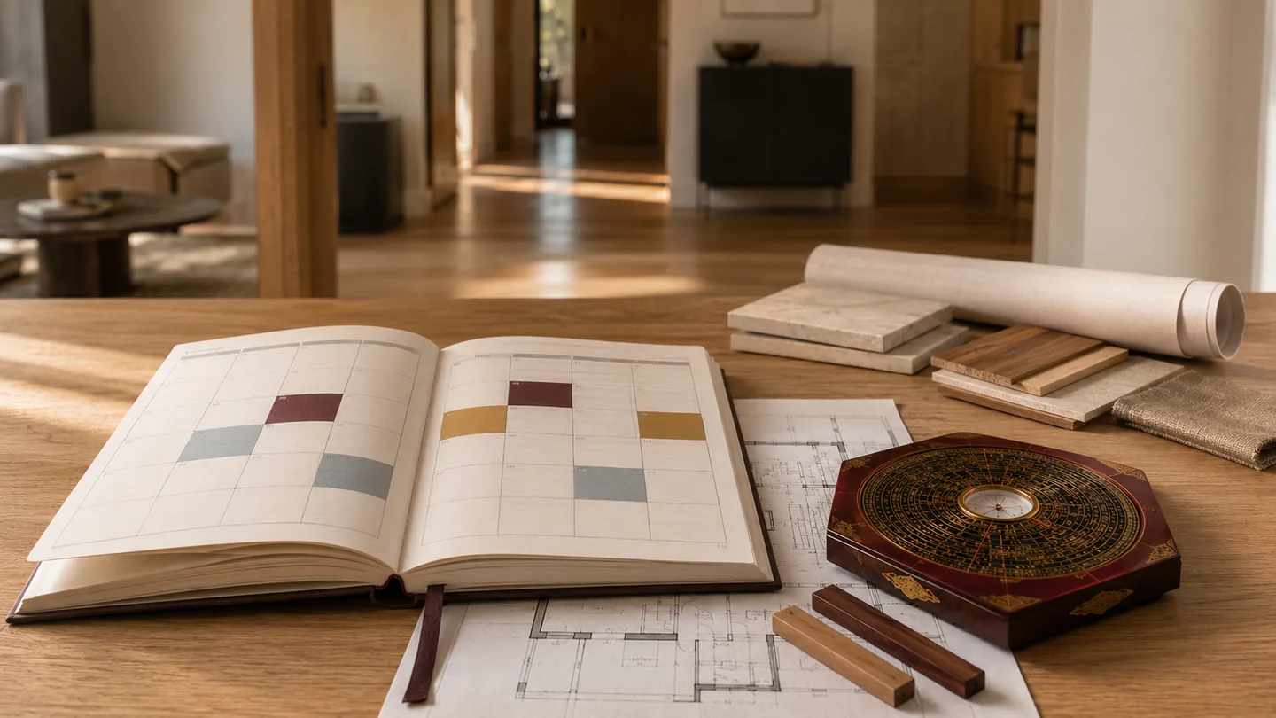 Un almanach, un plan et une boussole Feng Shui utilisés pour examiner le choix d’une date.